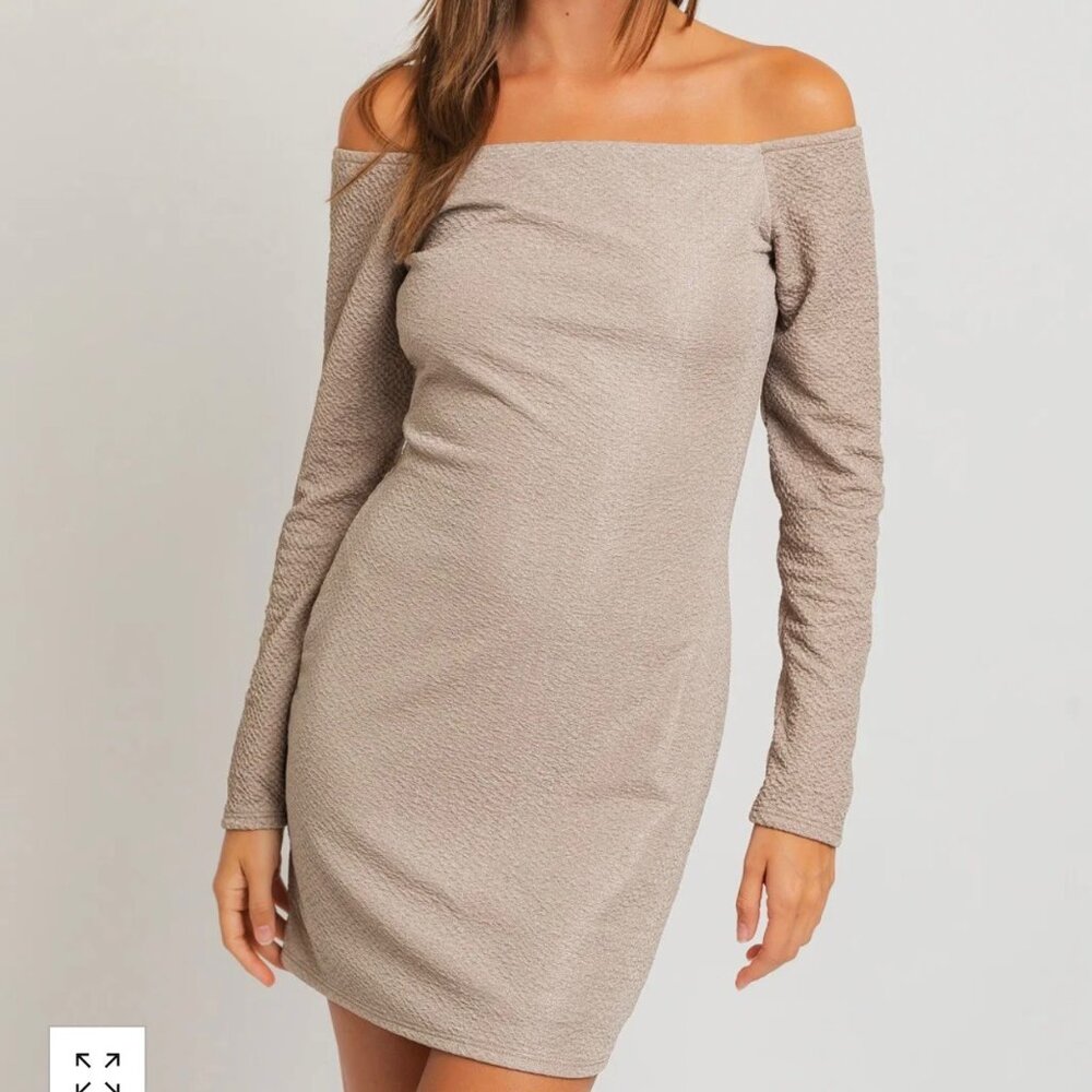 Le Lis Long Sleeve Mini Dress / Beige Off-Shoulder Mini Dress | Size Medium